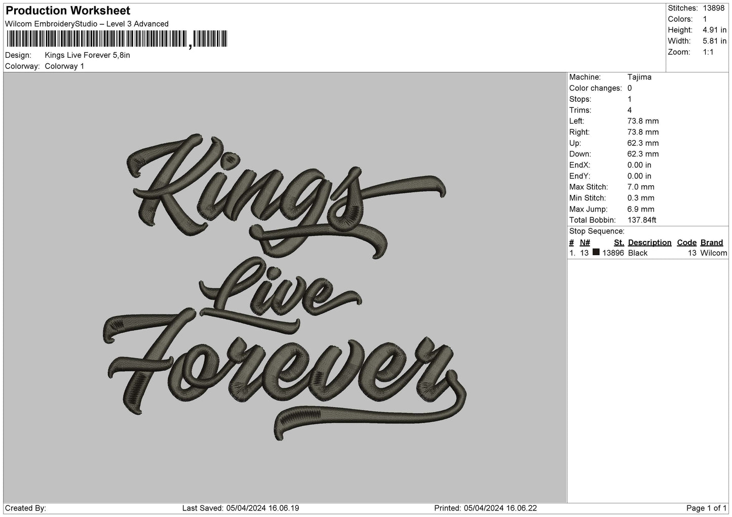 Kings Text 02 Embroidery File 6 Sizes
