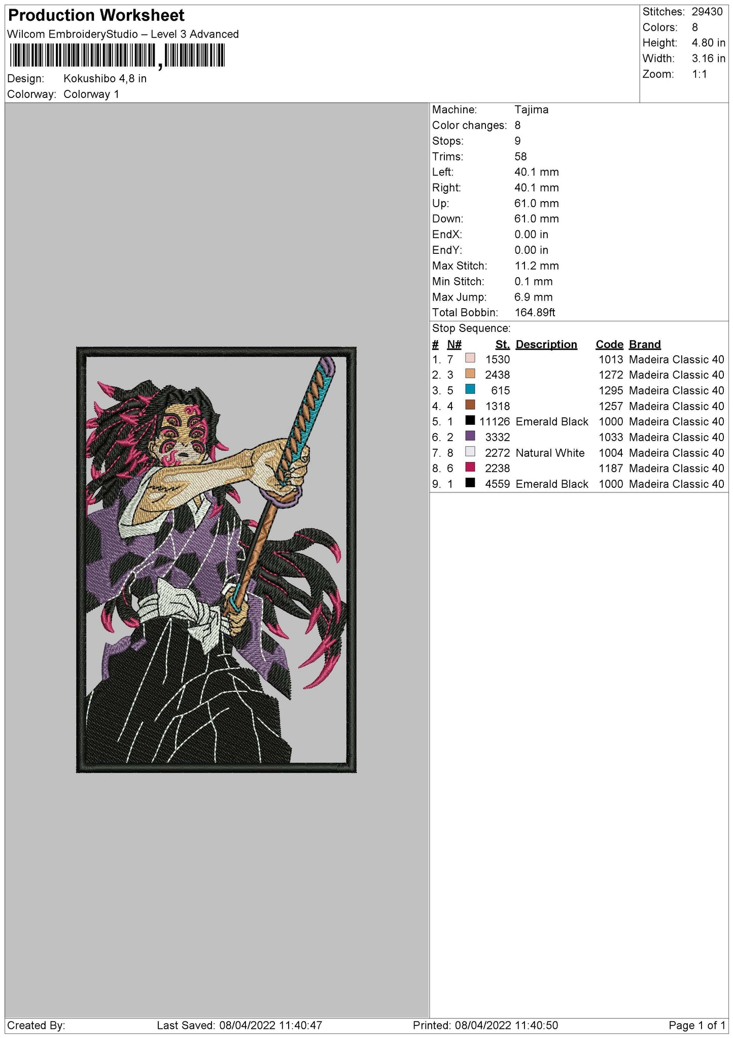 Kokushibo Embroidery File 4 size