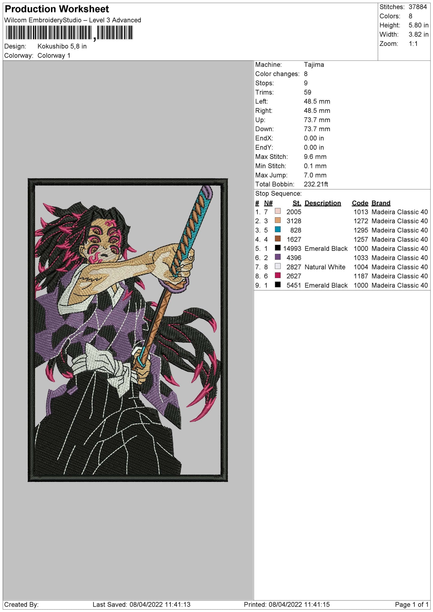 Kokushibo Embroidery File 4 size