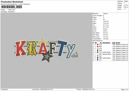 Krafty Text Embroidery Machine Design File 6 sizes