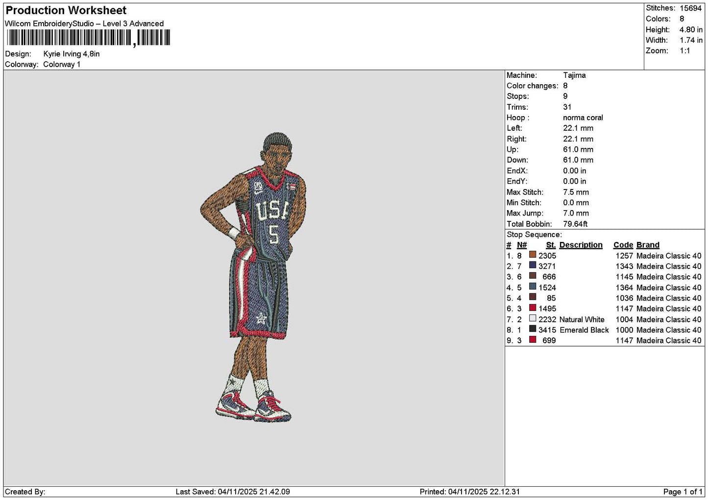 Player Kyrie Embroidery File 6 sizes