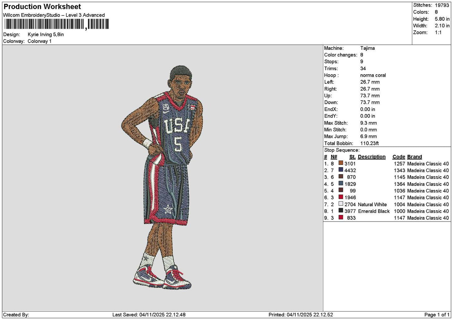 Player Kyrie Embroidery File 6 sizes