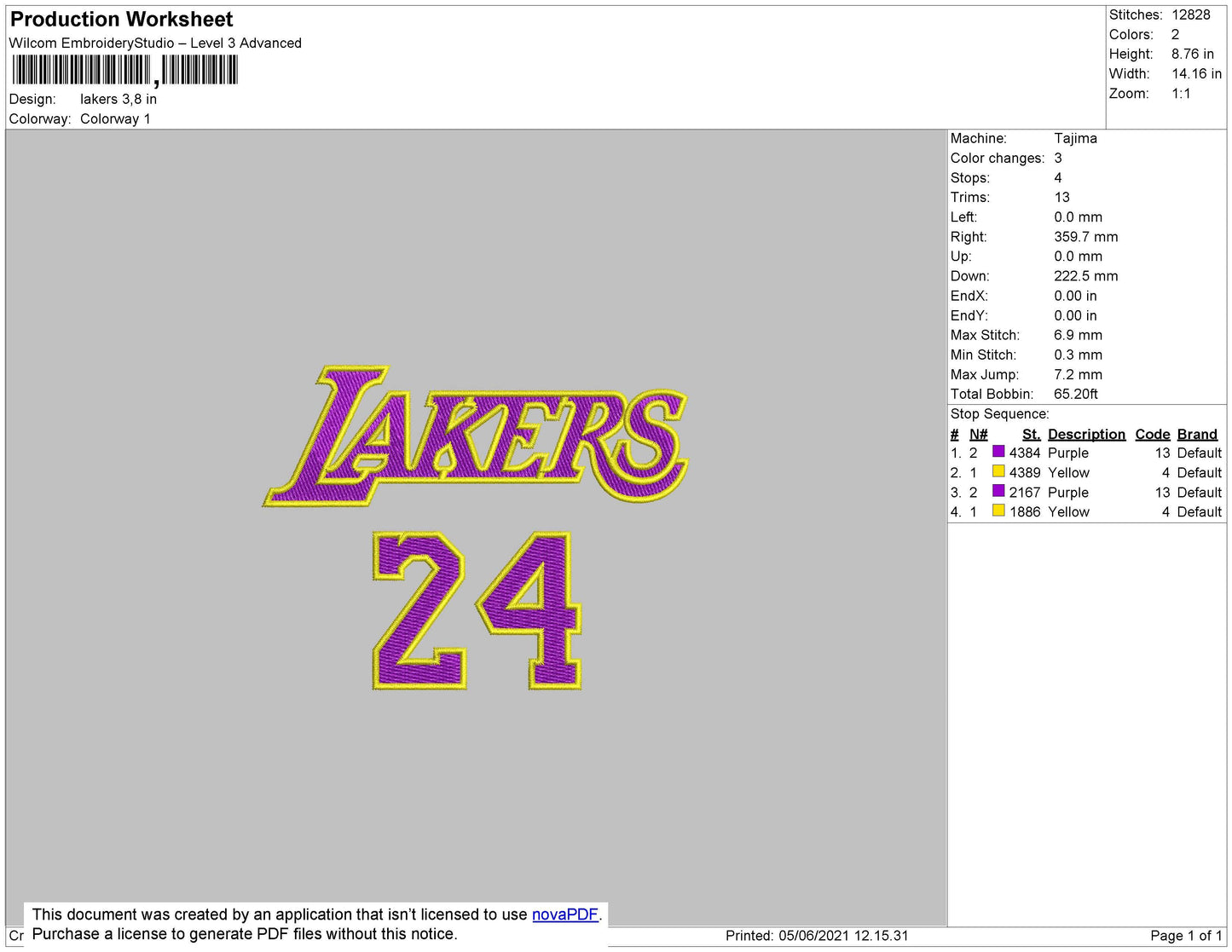 Lakers 24 Embroidery File 4 size