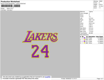 Lakers 24 Embroidery File 4 size