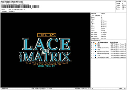Lace Vs Matrix V2 Embroidery File 5 sizes