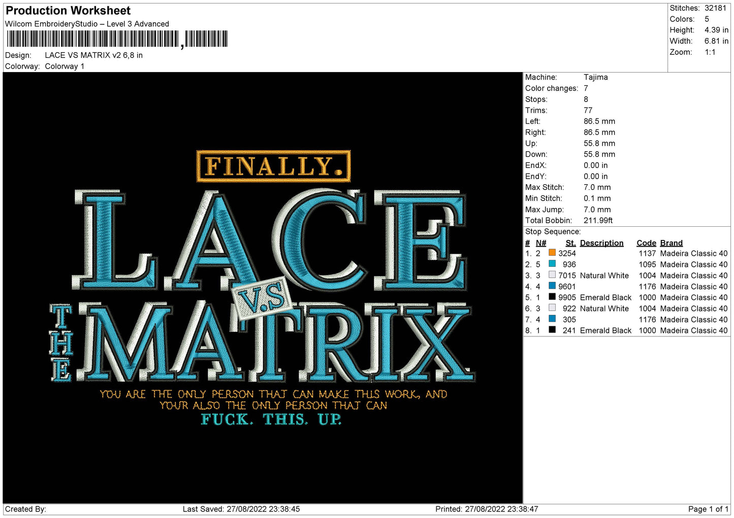 Lace Vs Matrix V2 Embroidery File 5 sizes