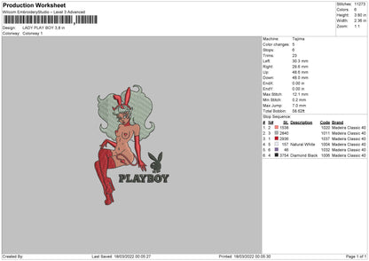 Lady Playboy Embroidery File 4 size