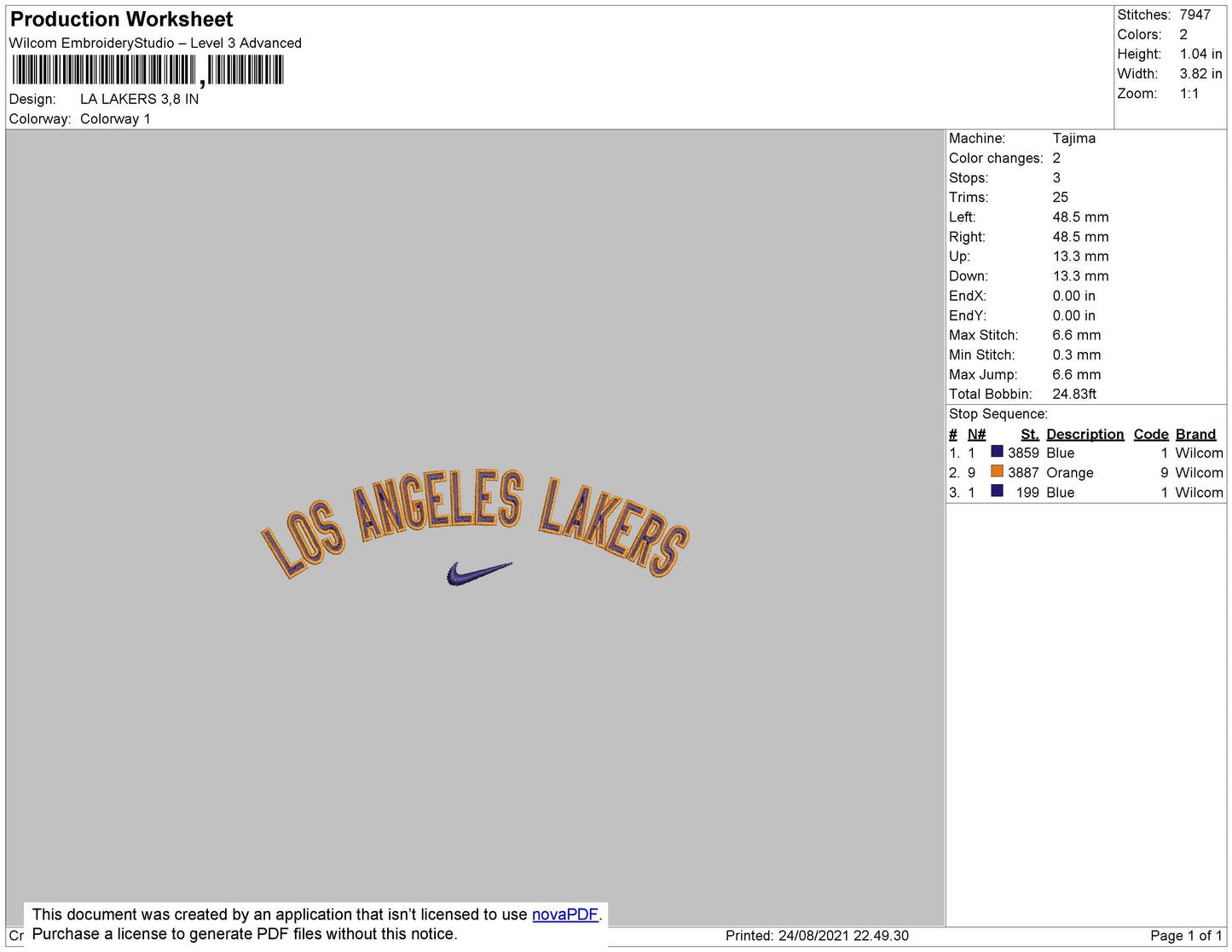 LA Lakers Swoosh Embroidery File 4 size