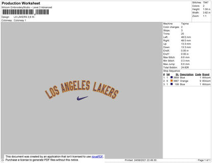 LA Lakers Swoosh Embroidery File 4 size