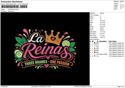 LA REINAS Embroidery Machine Design File 6 sizes