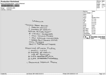 Lasagnatext Embroidery File 6 sizes