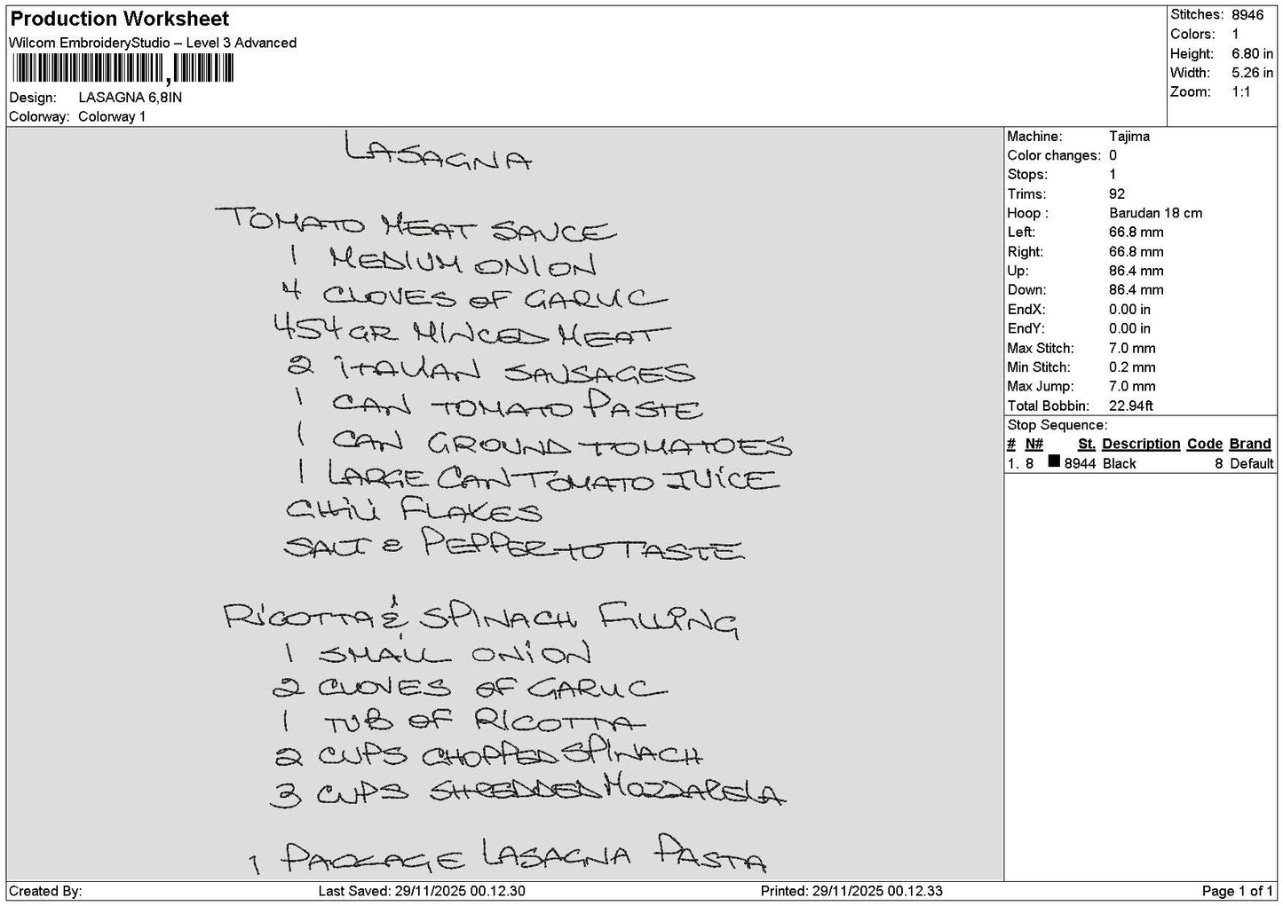 Lasagnatext Embroidery File 6 sizes