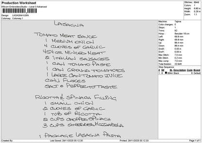Lasagnatext Embroidery File 6 sizes
