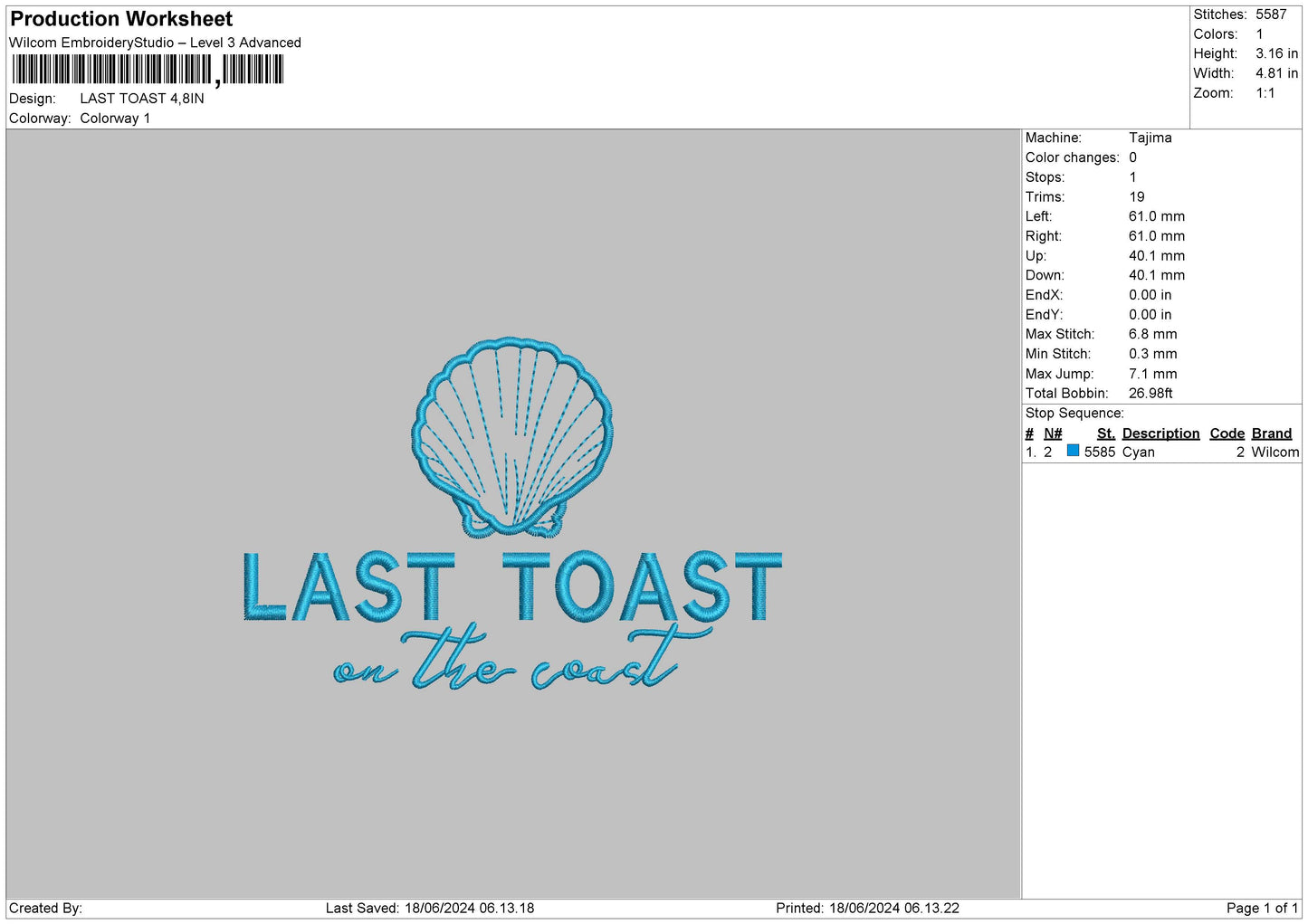 Toast Text Embroidery File 6 sizes