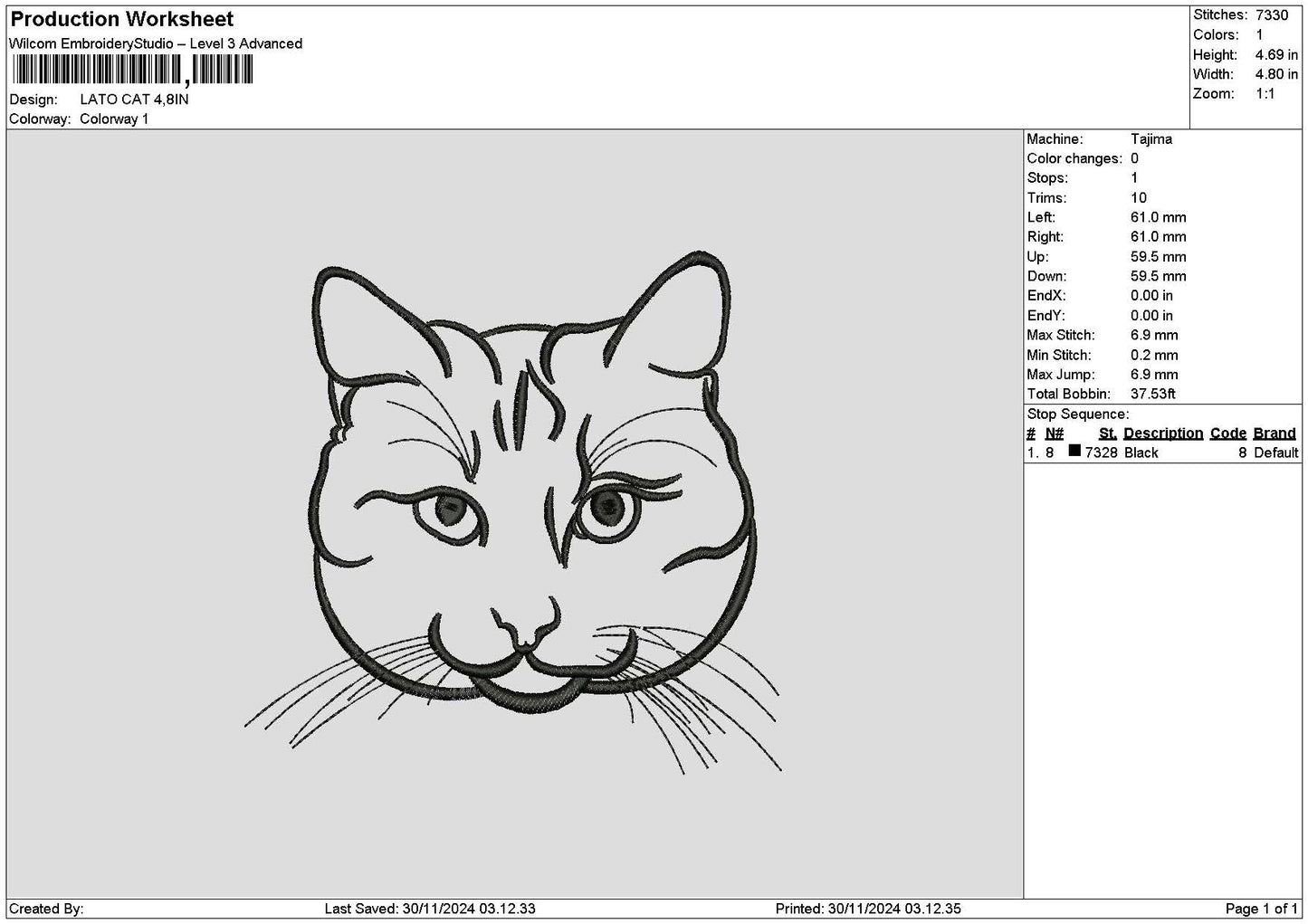 Cat Head Outline Embroidery File 6 sizes