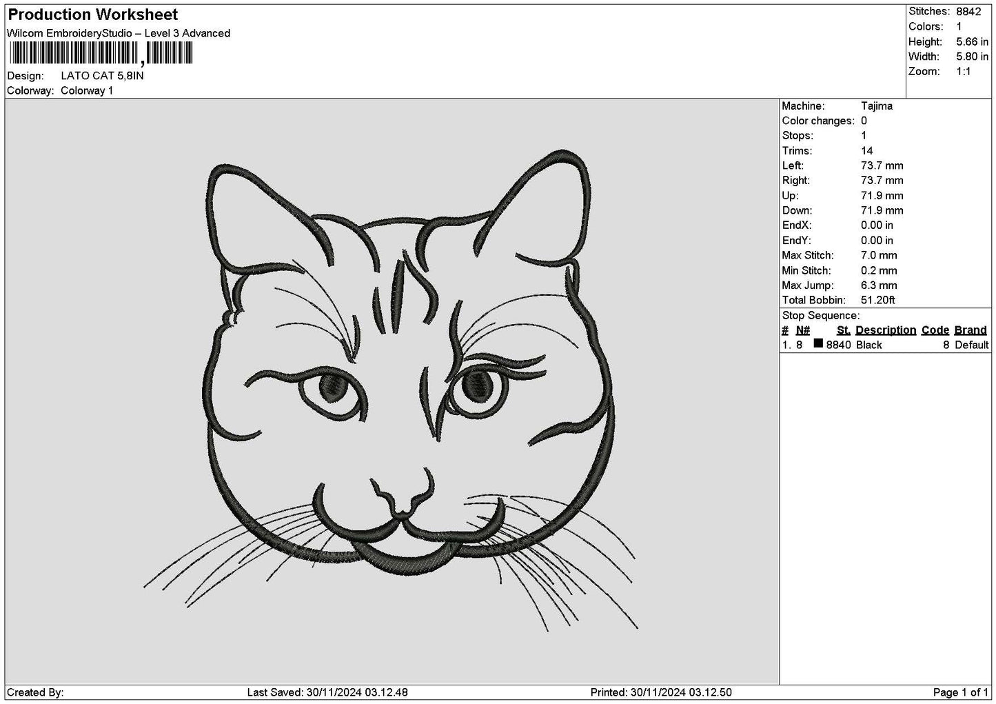 Cat Head Outline Embroidery File 6 sizes
