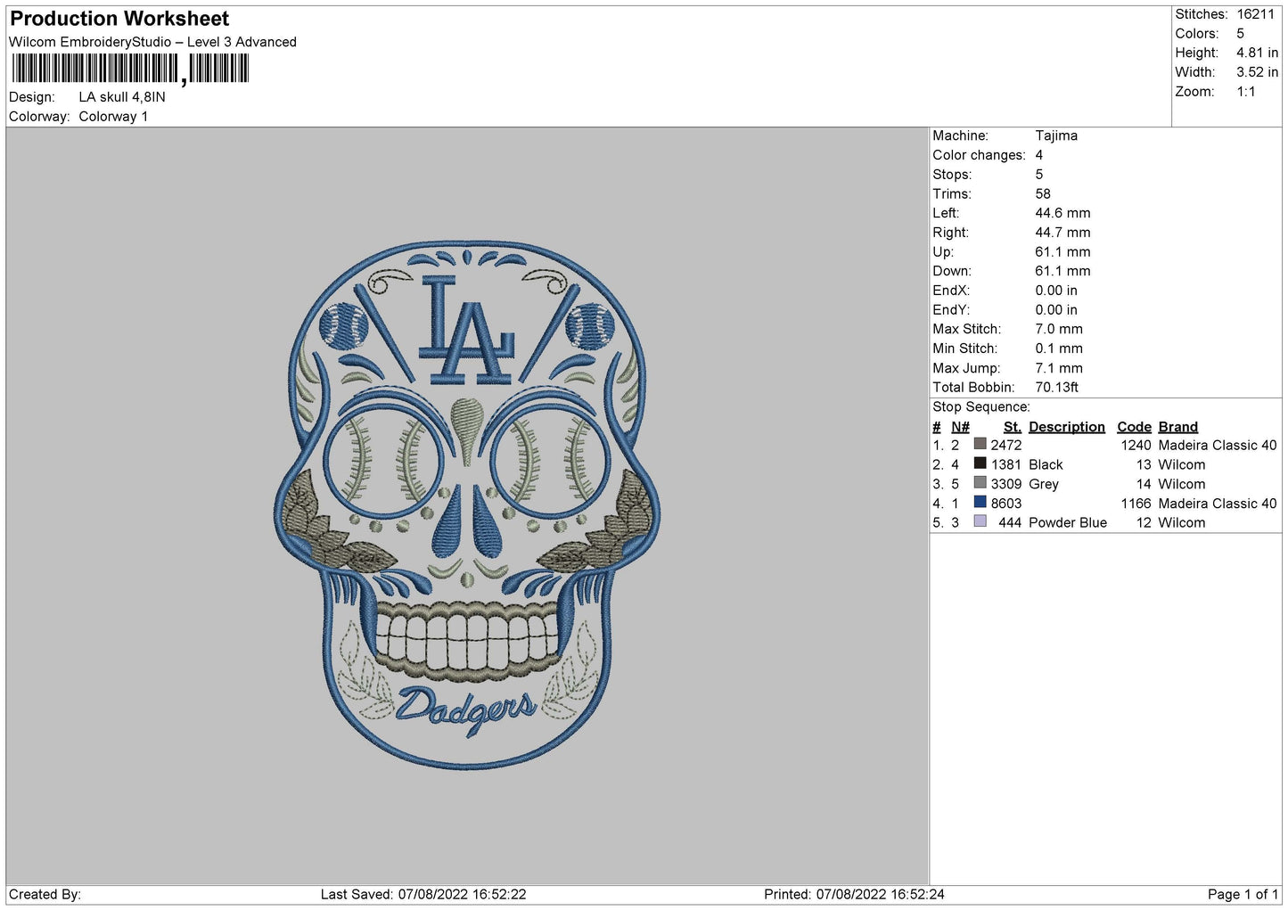 LA Skull Embroidery File 6 sizes