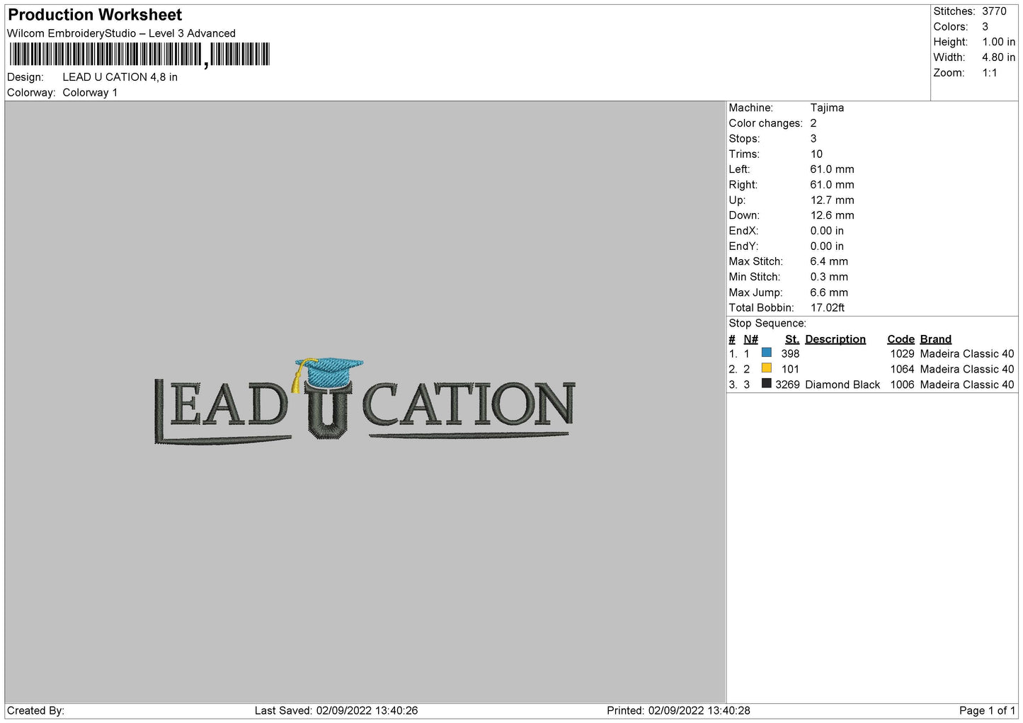 Lead U Cation Embroidery File 5 sizes