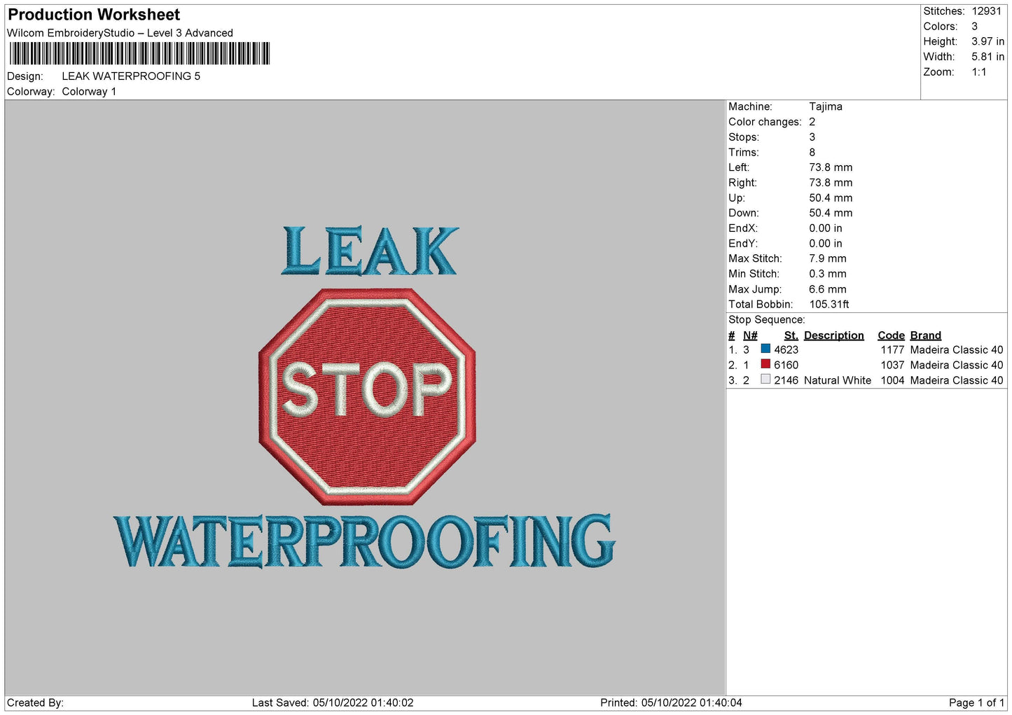 Leak Waterproofing Embroidery File 5 sizes