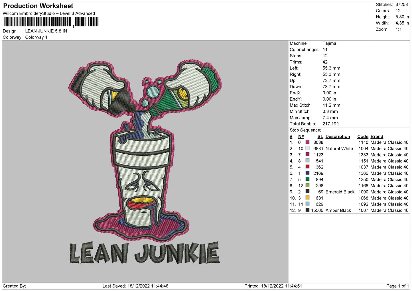 Lean Junkie Embroidery File 6 sizes