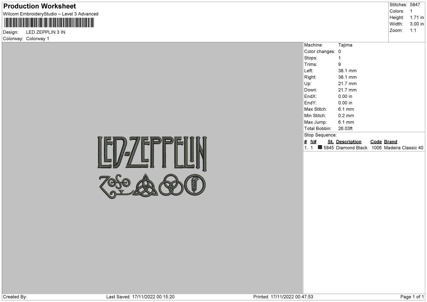 Led Zeppelin Embroidery File 6 sizes