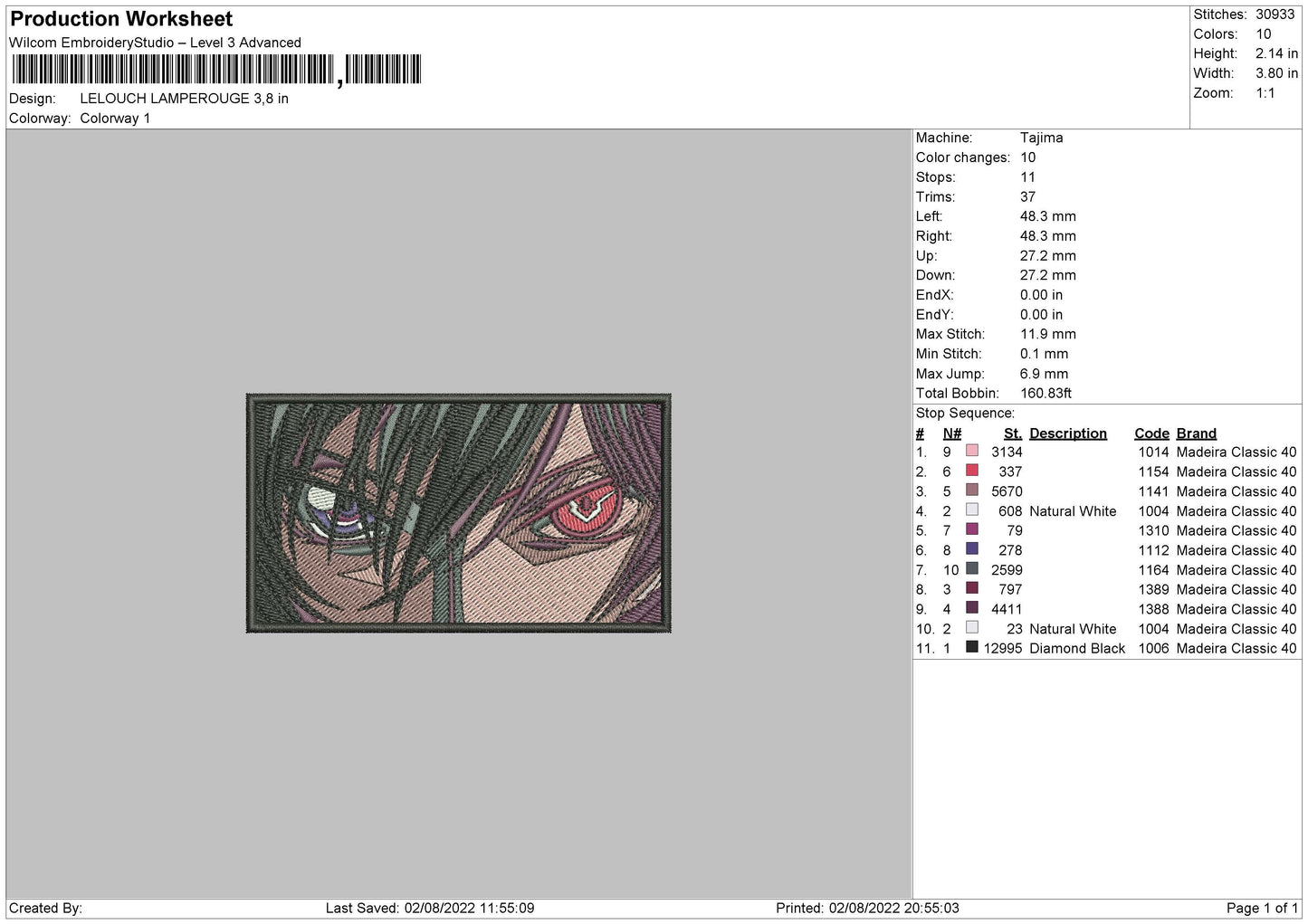 Lelouch Lamperouge Embroidery File 4 sizes