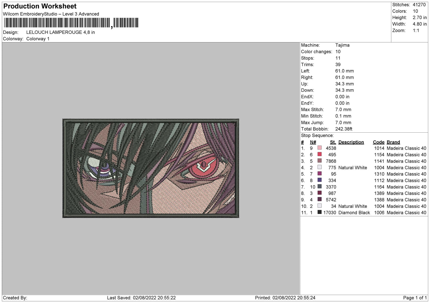 Lelouch Lamperouge Embroidery File 4 sizes