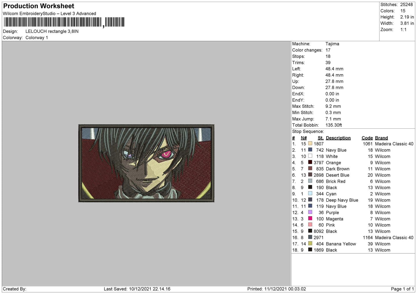 Lelouch Embroidery File 4 size