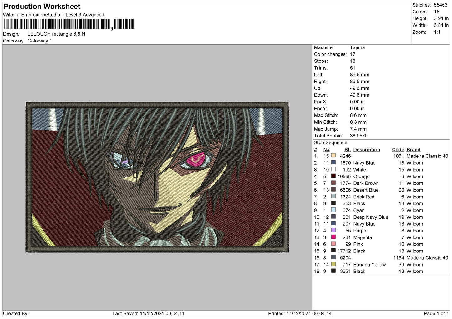 Lelouch Embroidery File 4 size