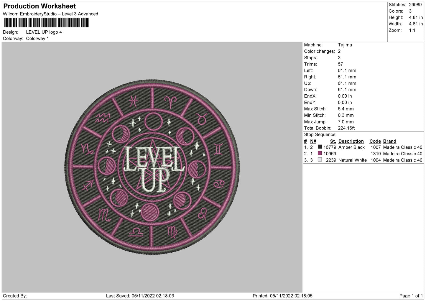 Level Up Logo Embroidery File 6 sizes
