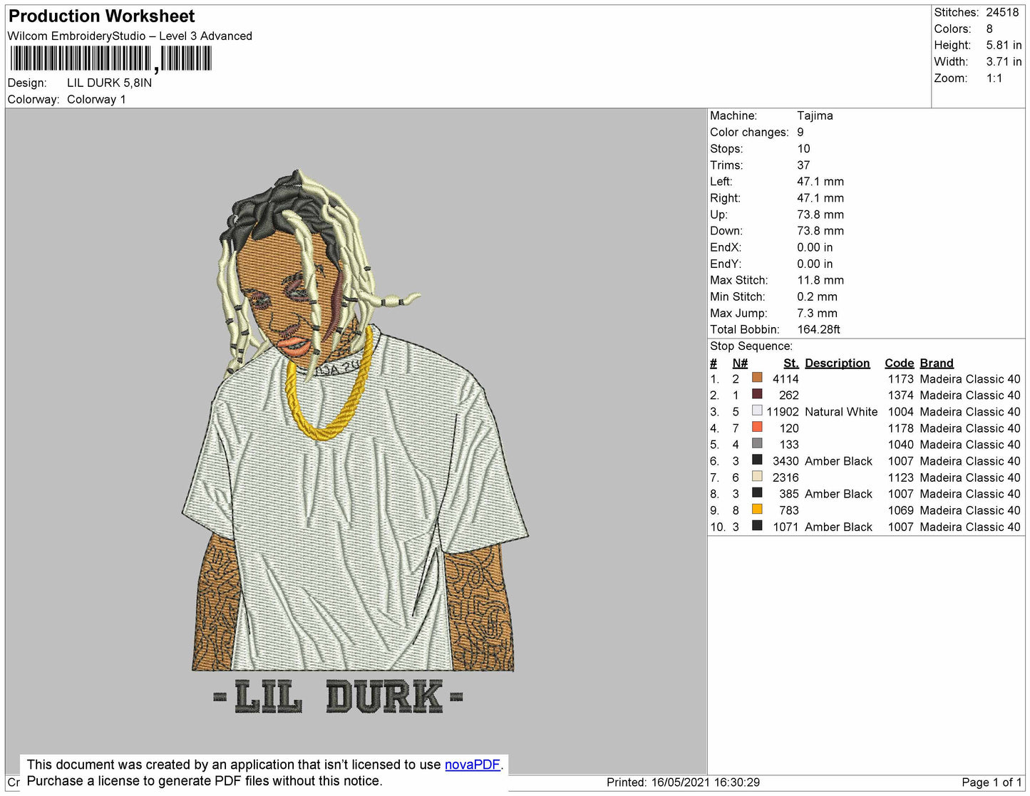 Lil Durk 02 Embroidery File 4 size