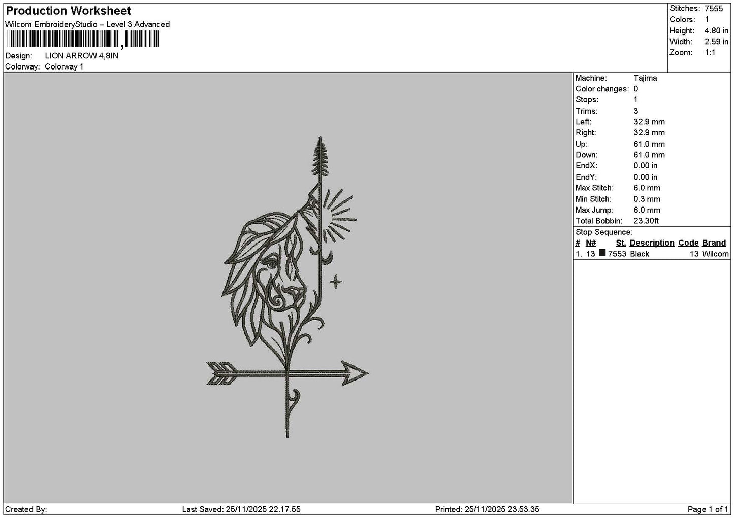 Lion Outline 2511 Embroidery File 6 sizes