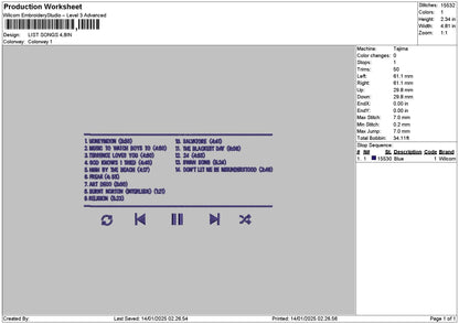 List Songs 01 Embroidery File 6 sizes