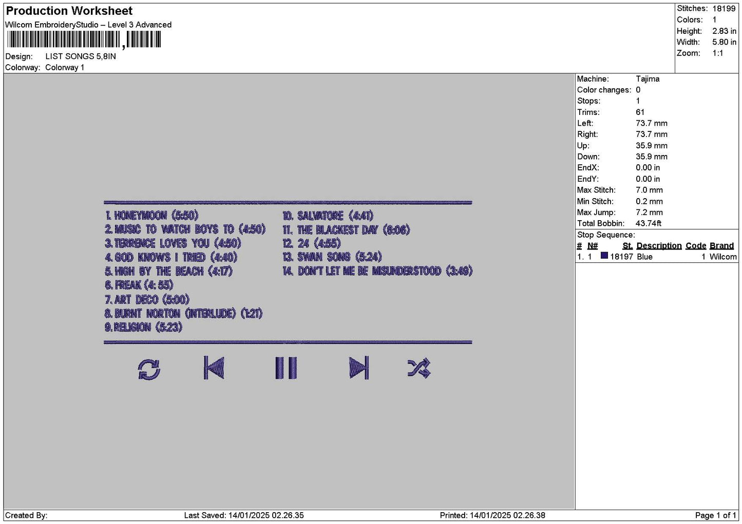 List Songs 01 Embroidery File 6 sizes