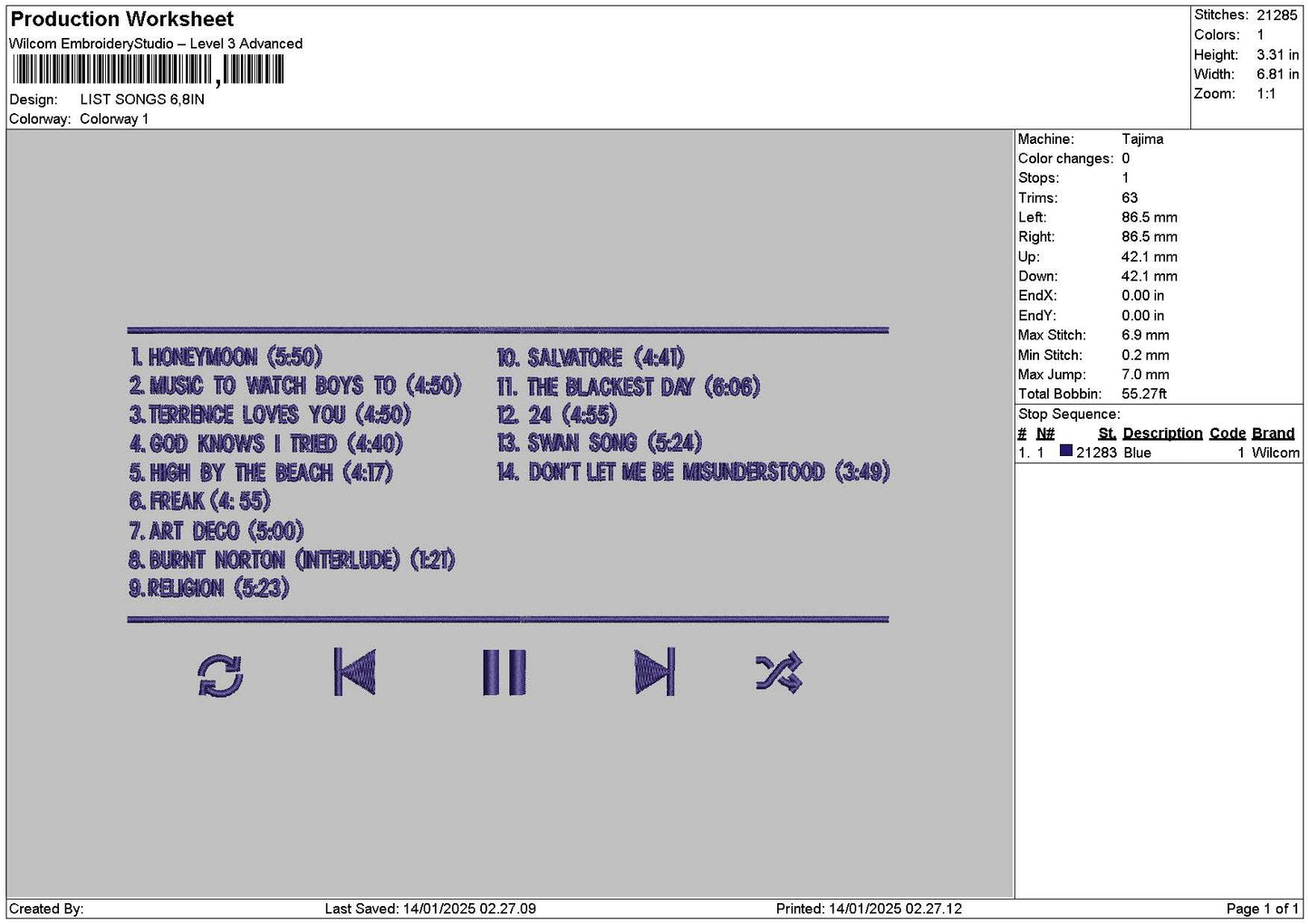 List Songs 01 Embroidery File 6 sizes