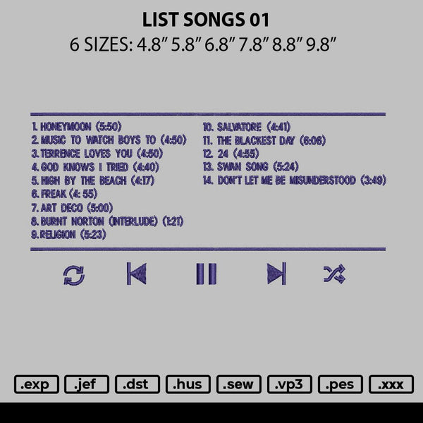 List Songs 01 Embroidery File 6 sizes
