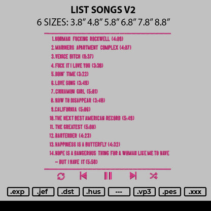 List Songs V2 Embroidery File 6 sizes