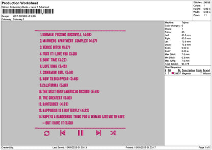 List Songs V2 Embroidery File 6 sizes