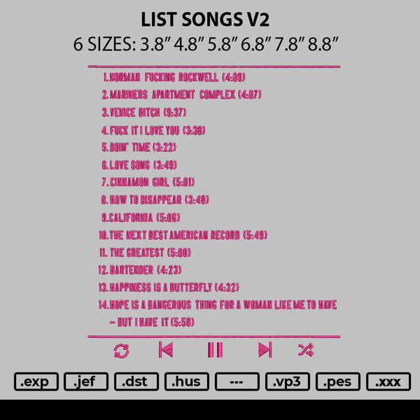 List Songs V2 Embroidery File 6 sizes