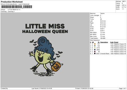 Little Miss Halloween Embroidery File 5 sizes
