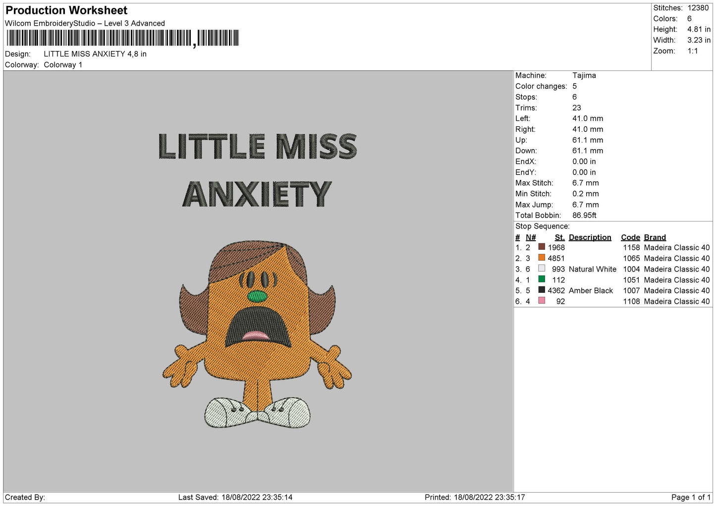 Little Miss Anxiety Embroidery File 5 sizes