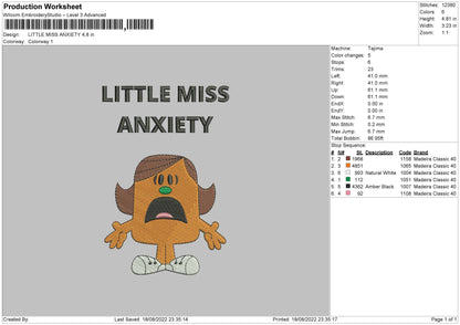 Little Miss Anxiety Embroidery File 5 sizes