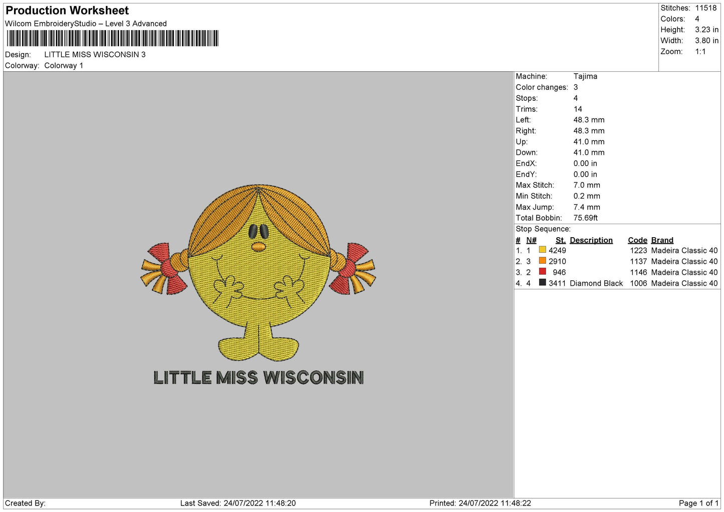 Little Miss Wisconsin Embroidery File 4 sizes