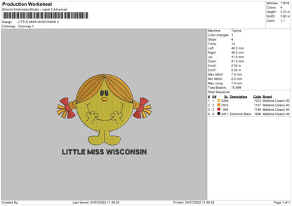 Little Miss Wisconsin Embroidery File 4 sizes