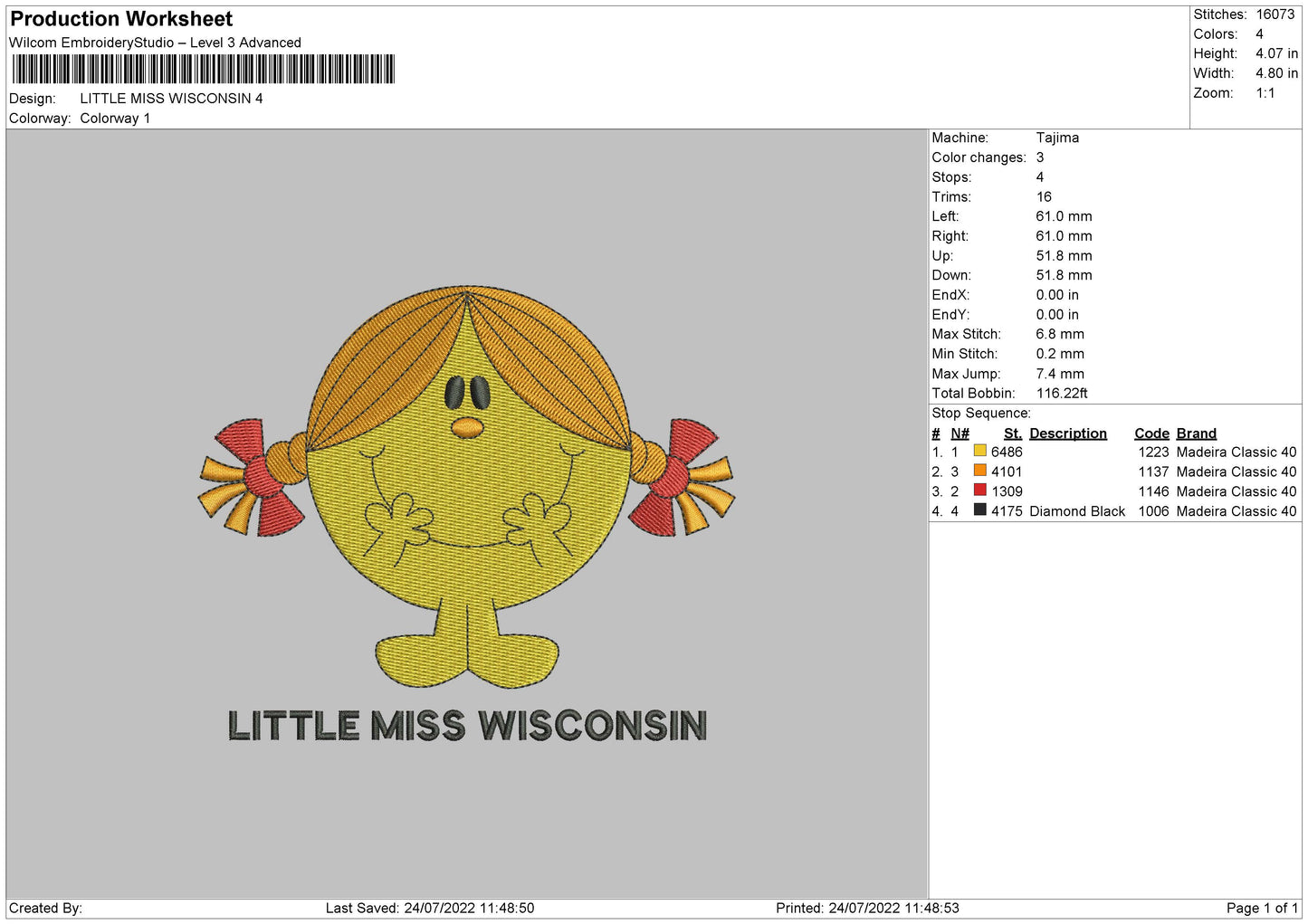 Little Miss Wisconsin Embroidery File 4 sizes