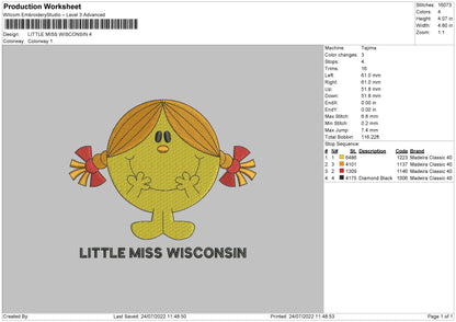 Little Miss Wisconsin Embroidery File 4 sizes