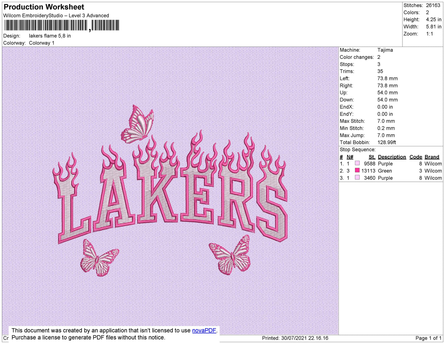 Lakers Flames Embroidery File 4 size