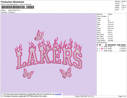 Lakers Flames Embroidery File 4 size