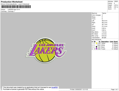 Lakers Logo Embroidery File 4 size
