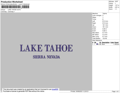 Lake Tahoe Embroidery File 4 size